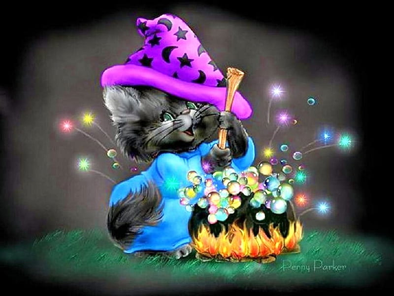 Making A Halloween Brew, caldren, black, cat, artwork, hat, fire, fantasy, purple, bubbles, kitten, blue, HD wallpaper
