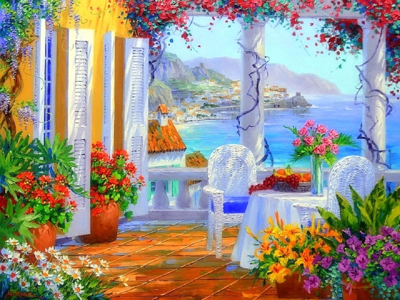 Breakfast for Two, table, houses, colors, love four seasons, home, attractions in dreams, paintings, summer, chairs, flowers, garden, HD wallpaper