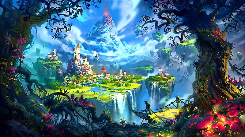 Fairytale castle, castle, view, mountain, art, fantasy, fairytale, HD wallpaper