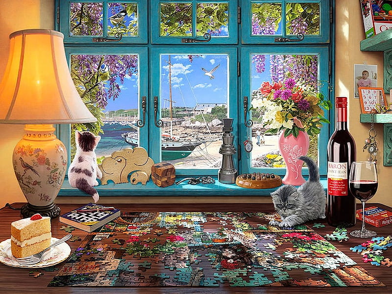 The Puzzler's Desk, cake, lamp, window, wine, book, puzzle, artwork, beach, boat, flowers, painting, cats, HD wallpaper