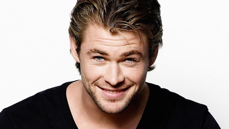 Chris Hemsworth, blond, black, man, smile, happy, blue eyes, white, actor, HD wallpaper