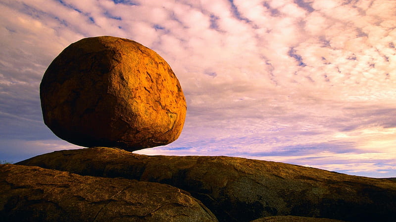 balancing big round rock, balance, round, rock, bluff, clouds, HD wallpaper