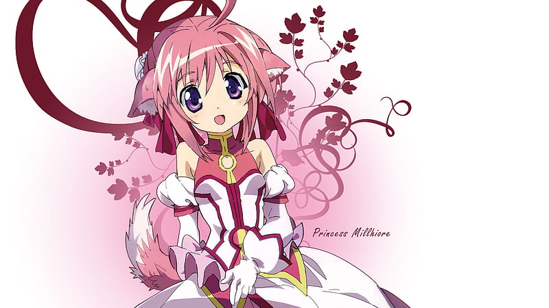Millhiore F. Biscotti, pretty, cg, nice, anime, flowers, beauty, anime girl, dog, art, black, ears, millhiore f biscotti, singer, cute, cool, digital, awesome, white, artistic, dress, bonito, royal, pink, inu, outfit, biscotti, tail, girl, millhiore, uniform, black eyes, pink hair, princess, HD wallpaper