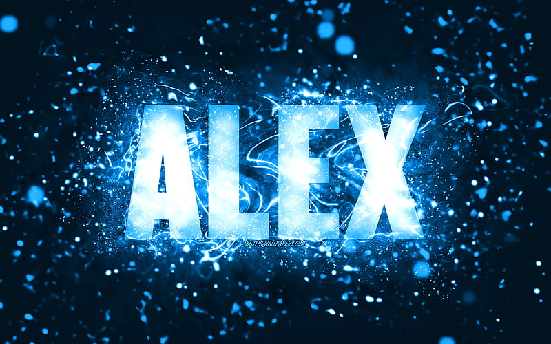 Happy Birtay Alex blue neon lights, Alex name, creative, Alex Happy Birtay, Alex Birtay, popular american male names, with Alex name, Alex, HD wallpaper
