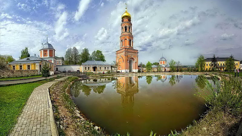 bell tower in a monastery, pond, bell tower, clouds, monastery, HD wallpaper