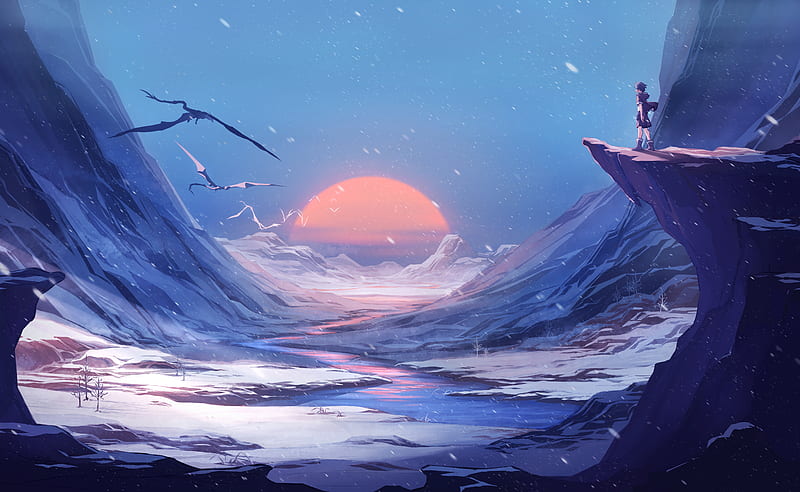 anime boy, fantasy world, landscape, scenic, cliff, snow, winter, Anime, HD wallpaper