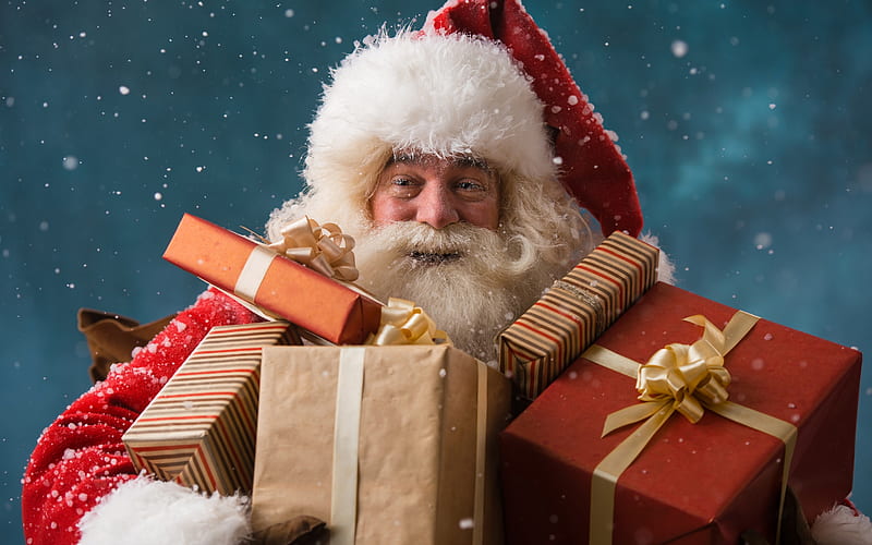Santa Claus, gifts, New Year, Christmas, Santa with gifts, gift boxes, HD wallpaper