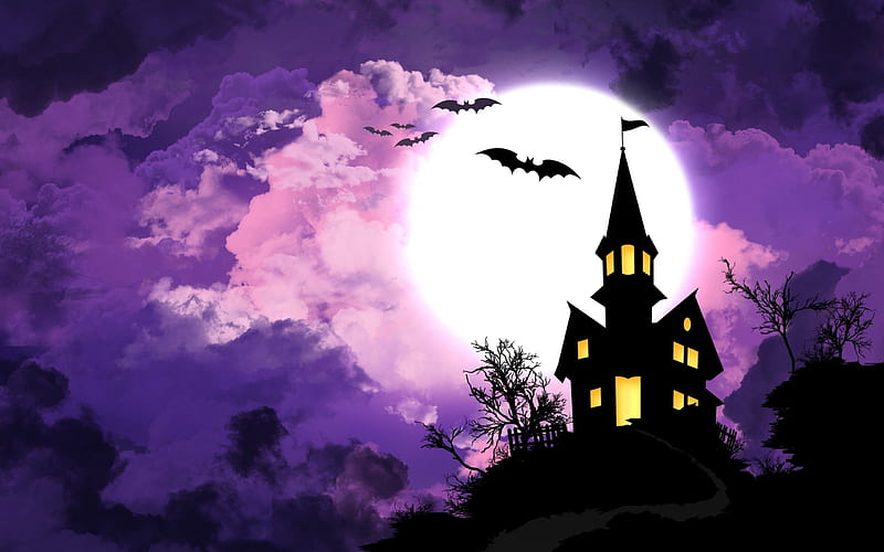 Spooky House, house, bats, halloween, black, yellow, sky, flag, moon, purple, pink, HD wallpaper