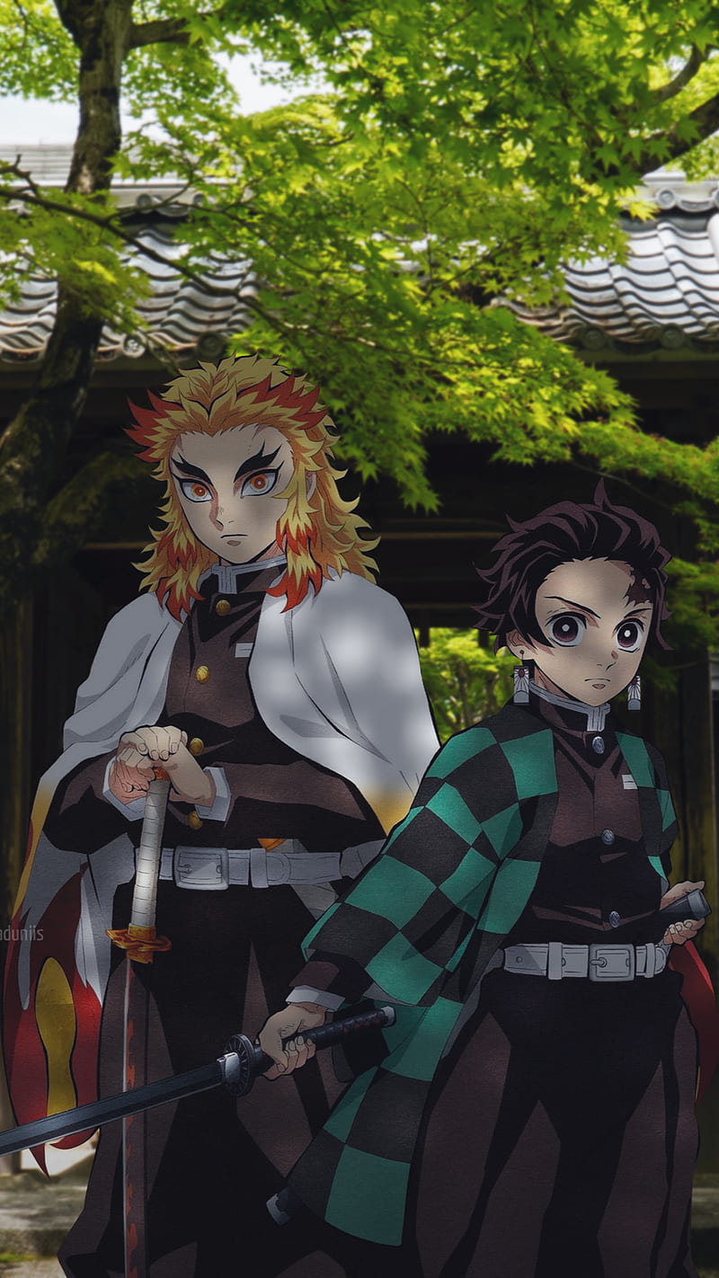 tanjiro and Rengoku, Demon slayer, art, Kimetsu no yaiba, Anime, HD phone wallpaper
