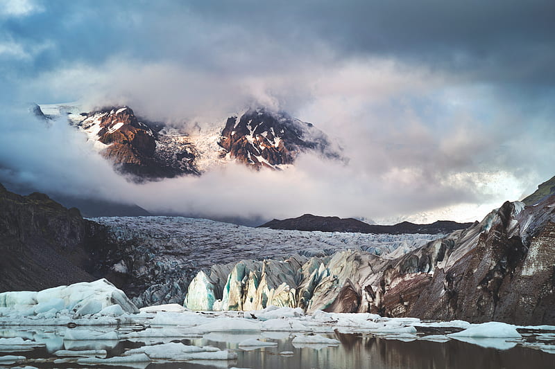glacier, mountains, clouds, ice, landscape, iceland, HD wallpaper