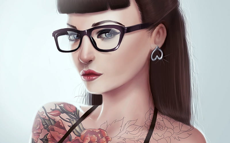 Tattoo, Glasses, Woman, Earring, Fantasy, Girl, Heart, Beauty, Blue