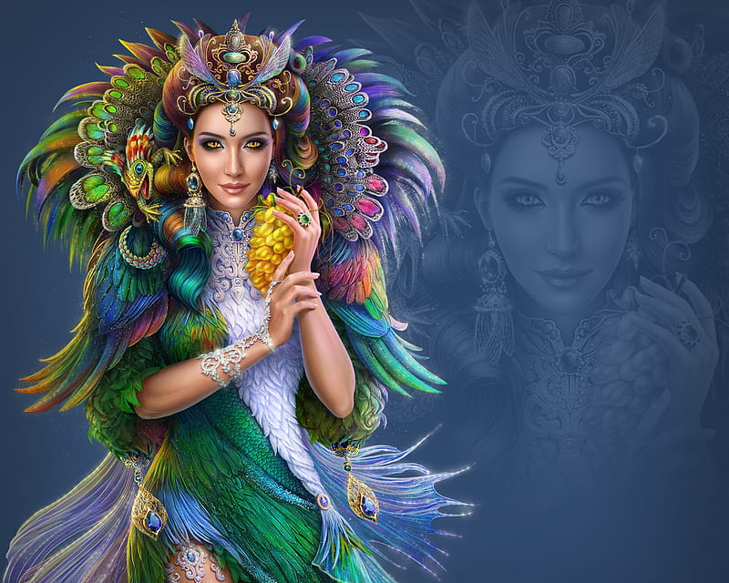 Lady Peacock, blue, frumusete, luminos, superb, fruit, grapes, fantasy, green, girl, feather, paun, gorgeous, HD wallpaper