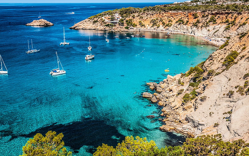 Ibiza, blue lagoon, azure, beach, yachts, Mediterranean Sea, coast, Spain, HD wallpaper
