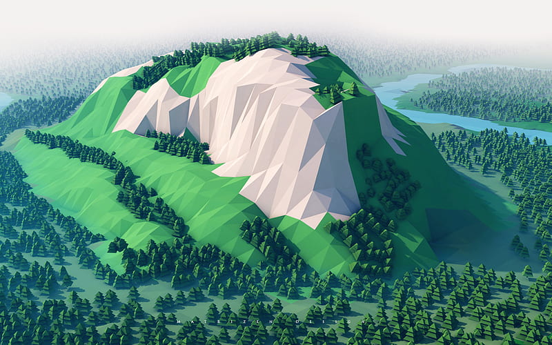 isometric, mountains, forest, creative, 3d art, HD wallpaper