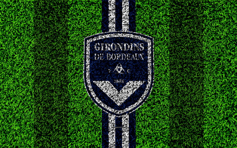 FC Girondins de Bordeaux football lawn, logo, french football club, grass texture, emblem, blue white lines, Ligue 1, Bordeaux, France, football, Bordeaux FC, HD wallpaper