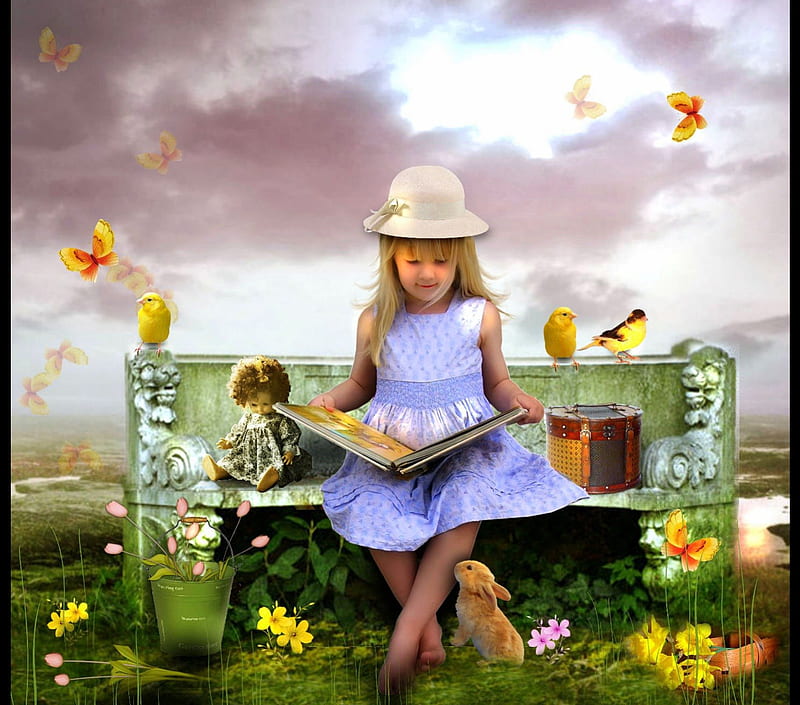✼Little Girl Reading✼, dolls, pretty, clouds, fantasy, manipulation, flowers, lovely, birds, sky, cute, reading, flying, lecture, colorful, dress, bag, bonito, digital art, animal, hair, leaves, people, girls, female, rabbit, model, bench, colors, butterflies, hat, plants, weird things people wear, backgrounds, bunny, HD wallpaper