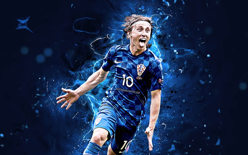 Luka Modric, blue uniform, Croatia National Team, Golden Ball 2018, Modric, soccer, footballers, goal, neon lights, Croatian football team, Golden Ball Winner 2018, HD wallpaper
