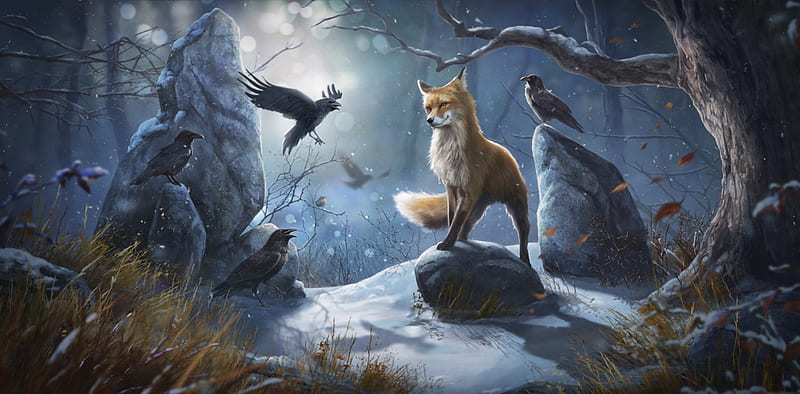 Fellowship of Mr. Fox, fox, bird, luminos, marie beschorner, pasari, winter, raven, iarna, vulpe, fantasy, HD wallpaper
