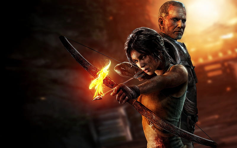 Tomb Raider, fire, girl, video games, bonito, man, archer, arrow, HD wallpaper