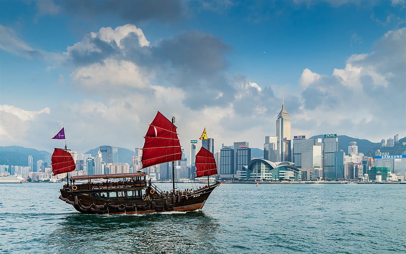 Hong Kong, bay, sailboats, red sails, metropolis, modern architecture, skyscrapers, China, HD wallpaper
