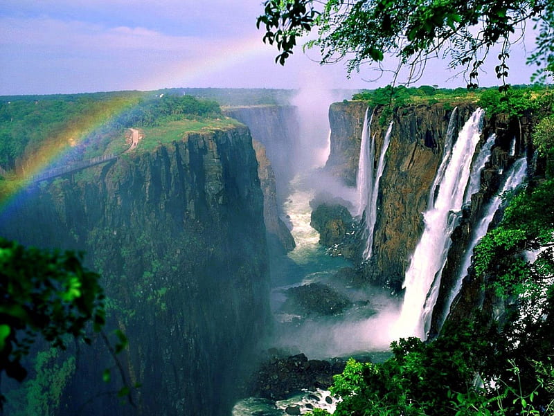 Victoria Falls ~ Zimbabwe, Rainbow, Trees, Waterfalls, Gorge, HD wallpaper