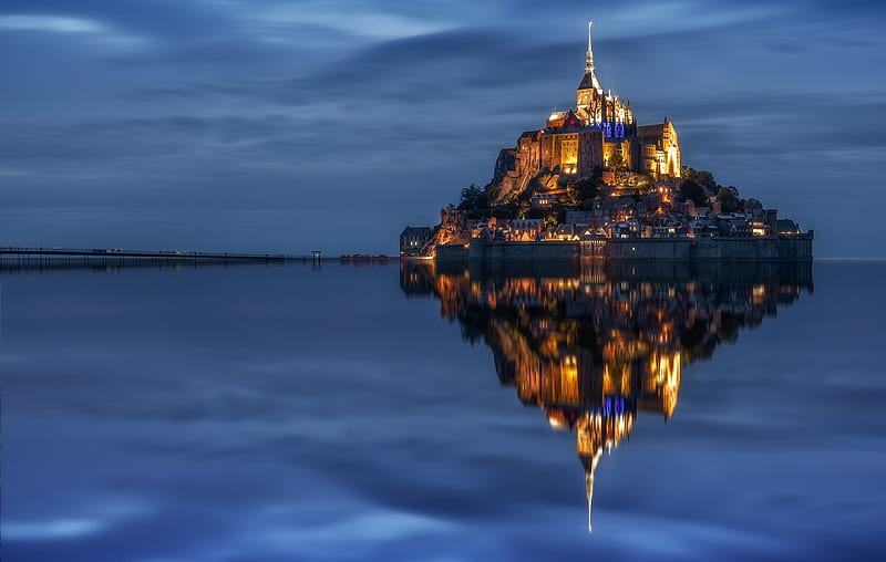 Religious, Mont Saint-Michel, France, Monastery, Night, Reflection, HD wallpaper