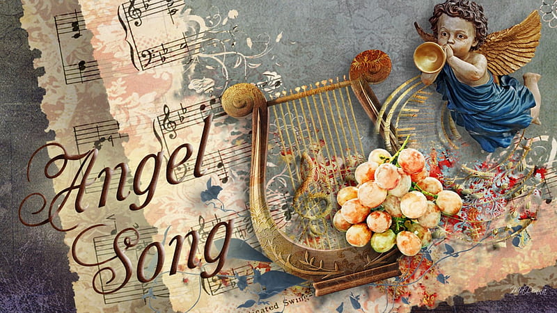 Angel Song, victorian, music, angel, collage, grapes, grunge, horn, harp, flowers, score, HD wallpaper