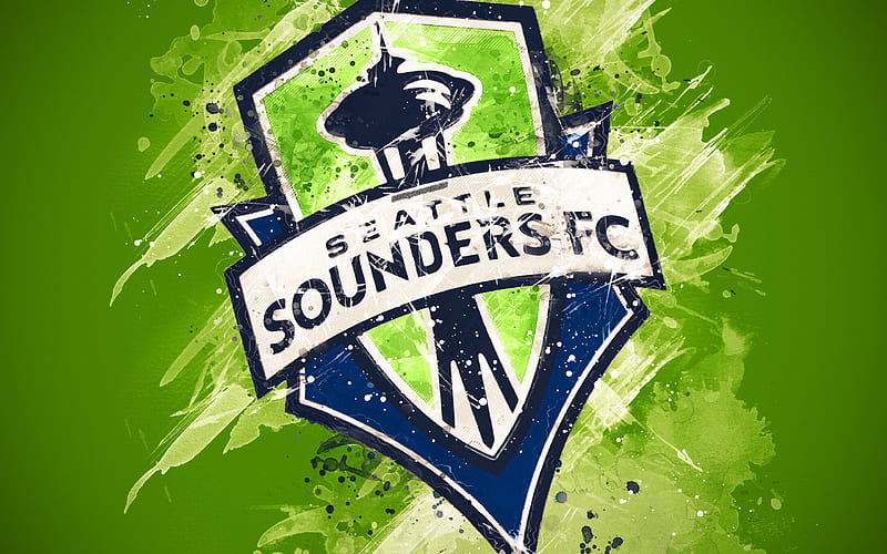 Seattle Sounders FC paint art, American soccer team, creative, logo, MLS, emblem, green background, grunge style, Seattle, Washington, USA, football, Major League Soccer, HD wallpaper