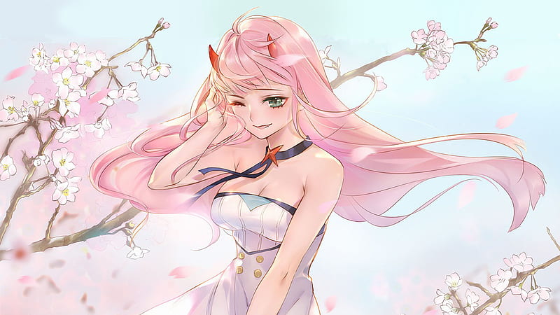Darling In The FranXX Pink Hair Zero Two With Blur Blue Background And Tree Stem With Pink Flowers Anime, HD wallpaper