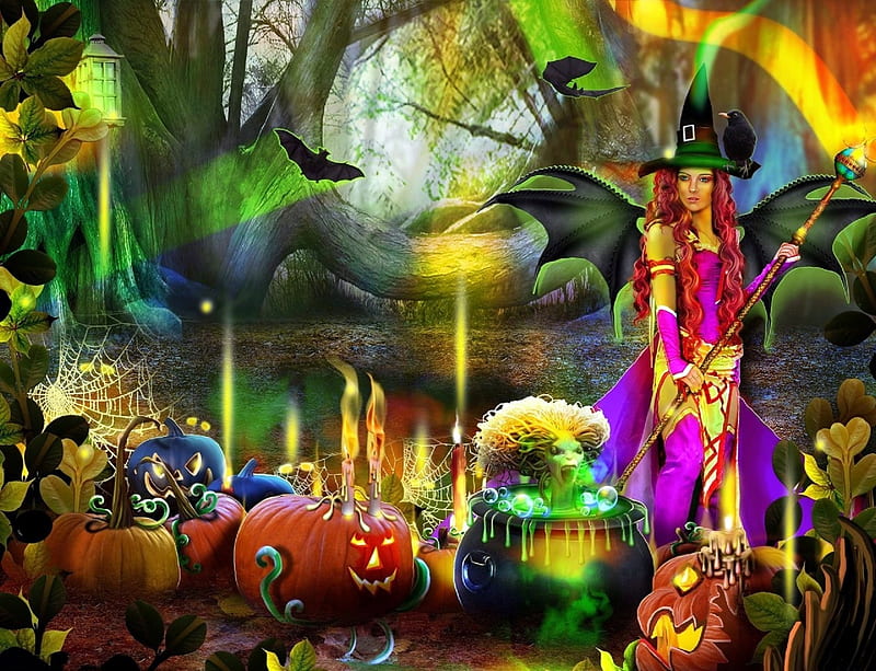 ~Halloween Witch~, halloween, colors, love four seasons, creative pre-made, digital art, woman, candles, fantasy, manipulation, weird things people wear, pumpkins, HD wallpaper