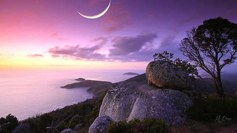 Sunset Sea Soft, rock cliff, crescent moon, soft, sunset, lavender, sky, clouds, sea, beach, pink, Firefox Persona theme, HD wallpaper
