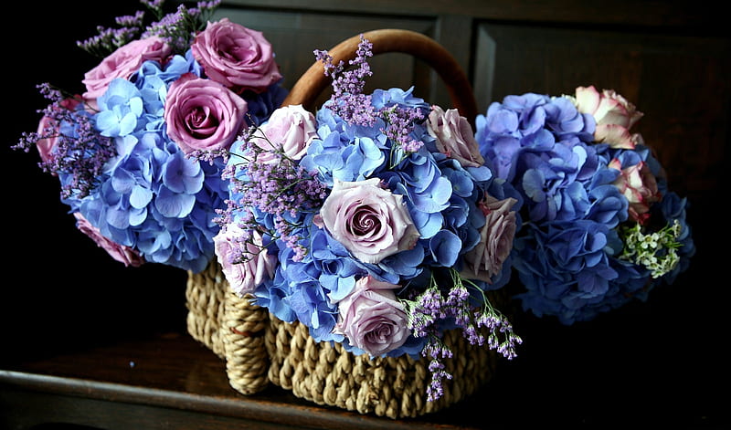 Hydrangea and roses, hydrangea, bouquet, rose, basket, flower, pink, blue, HD wallpaper
