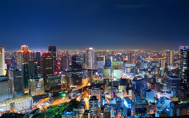Osaka, building, japan, city, japanese, cityscape, scenery, night, HD wallpaper