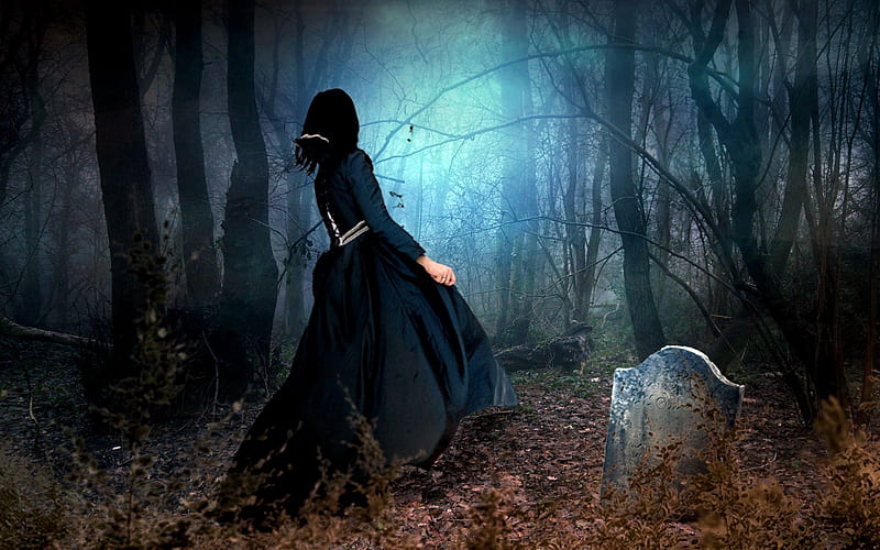 Scary Forest Woman Walking in Fog and graves stones, Walking, Trees, Forest, Leaves, Scary, Woman, Fog, Autumn, HD wallpaper
