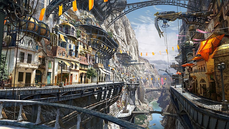 City, Mountain, Bridge, Sci Fi, Street, Steampunk, HD wallpaper
