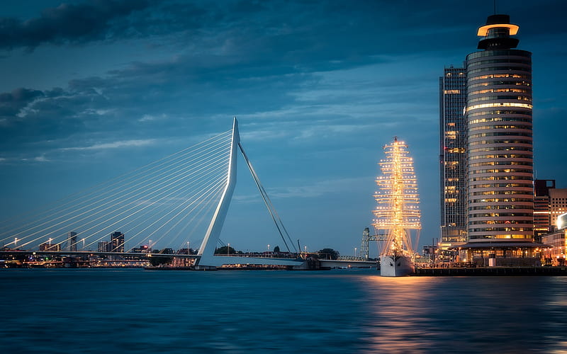 Erasmus Bridge, World Port Center, night, sailboat, skyscraper, bay, city landscape, Meuse River, Netherlands, HD wallpaper