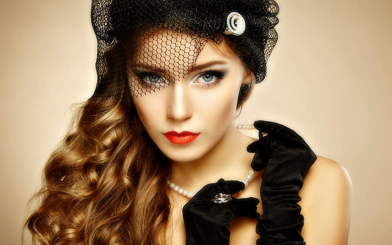 Lady In Black, Pretty, Black, Female, bonito, Model, Gloves, Makeup, People, Brunette, Woman, Jewelry, Hat, HD wallpaper