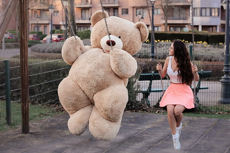 Girl With Big Teddy Bear On Swing, teddy-bears, cute, girls, swing, HD wallpaper
