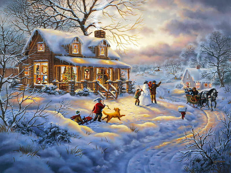 Winter games, pretty, games, house, children, play, painting, village, frost, art, christmas, wonderland, fun, joy, winter, snow, ice, peaceful, HD wallpaper