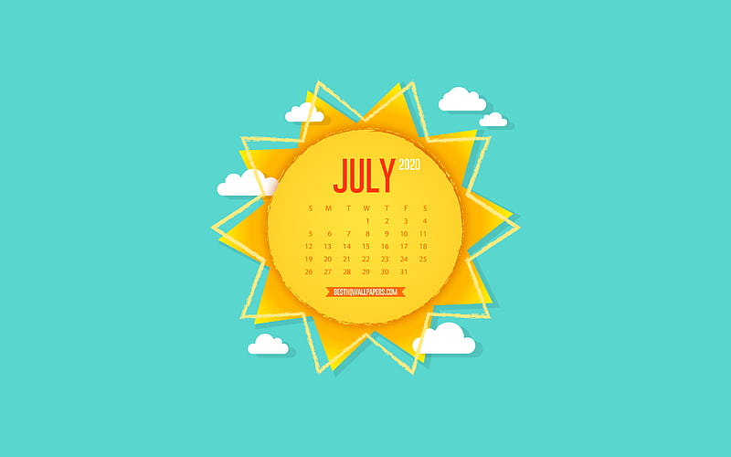 2020 July Calendar, creative sun, paper art, background with the sun, July, blue sky, 2020 ktnj calendars, July 2020 Calendar, HD wallpaper