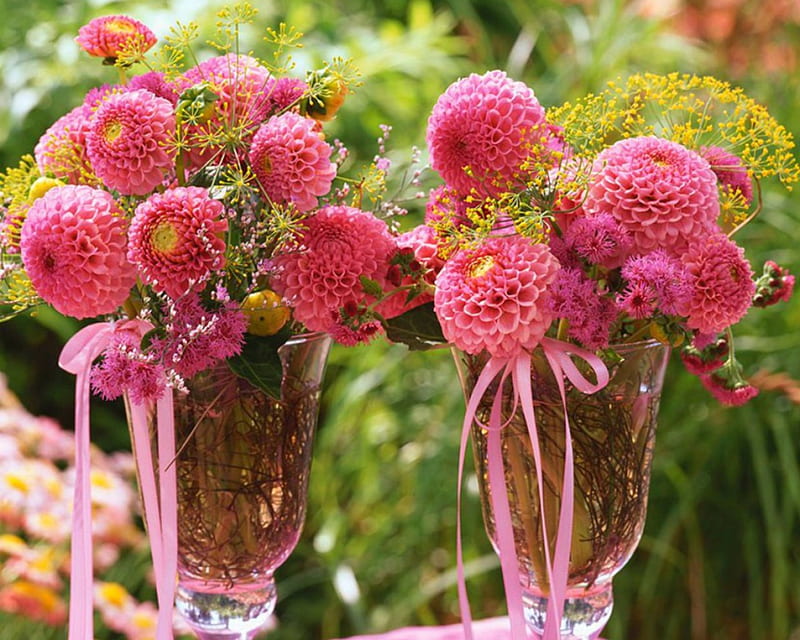 Pink Dahlias and Fennel, glass, flowers, Dahlias, Fennel, HD wallpaper