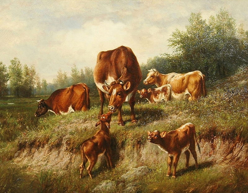 :), cow, brown, arhur fitzwilliam tait, art, painting, pictura, HD wallpaper