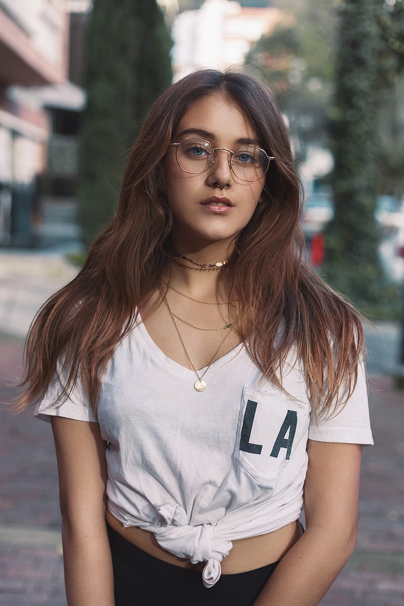 women, women outdoors, women with glasses, brunette, urban, long hair, portrait display, white shirt, necklace, blue eyes, nose ring, T-shirt, tied top, HD phone wallpaper