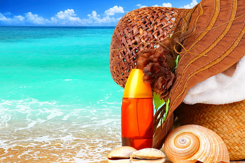 Summer Time, pretty, shore, sun, clouds, beach, beauty, tropics, muszle, rest, seashells, lovely, romance, holiday, ocean, relax, waves, sky, paradise, shells, sands, colorful, purse, slonce, bag, sunny, bonito, towel, sea, sand, hot, lato, blue, creme, exotic, romantic, view, colors, emerald, plaza, hat, shell, peaceful, summer, nature, tropical, HD wallpaper