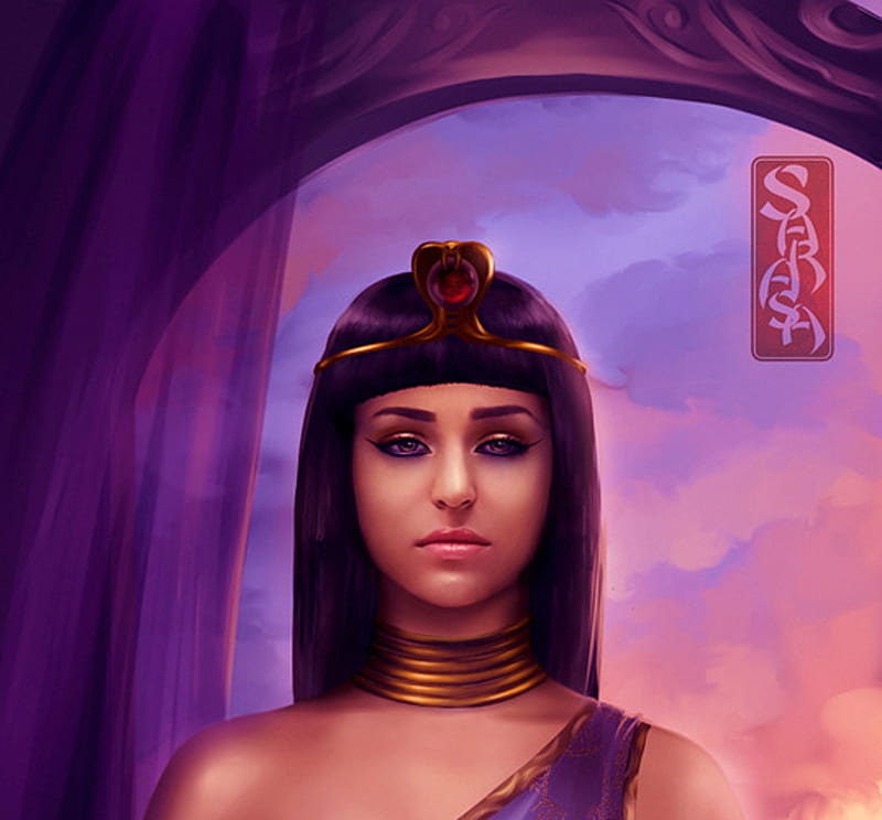 Egyptian sunset, fantasy, lana palukhina, purple, girl, sunset, portrait, pink, egypt, HD wallpaper