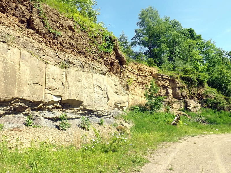 The Rocky Cliff, rocks, gravel, road, trees, HD wallpaper