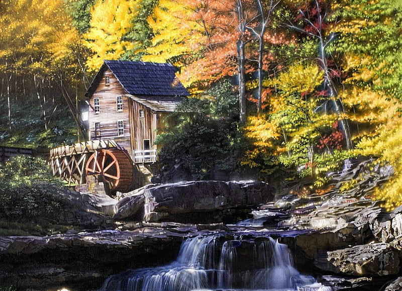Glowing Autumn, forest, watermill, mill, painting, creek, trees, artwork, HD wallpaper
