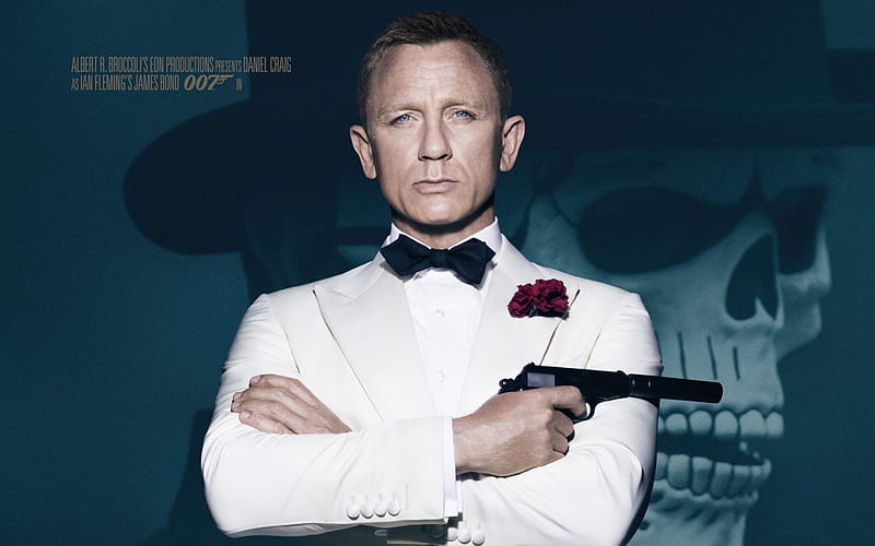 Spectre (2015), poster, movie, bow tie, man, hat, range, spectre, gun, Daniel Craig, white, skull, 007, actor, blue, HD wallpaper