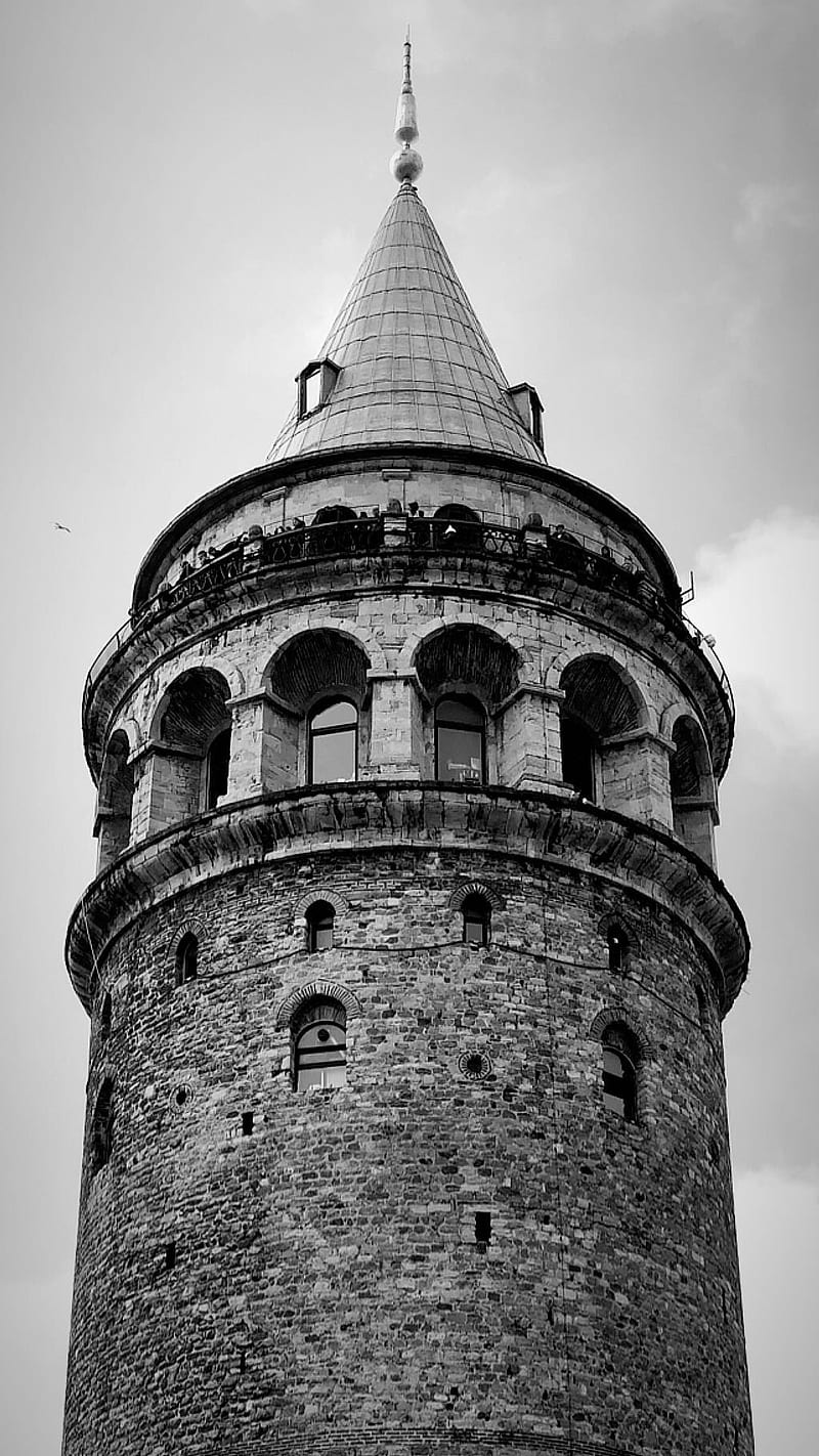 Galata Tower, blackandwhite, building, castle, dramatic, istanbul, nature, graphy, towers, HD phone wallpaper