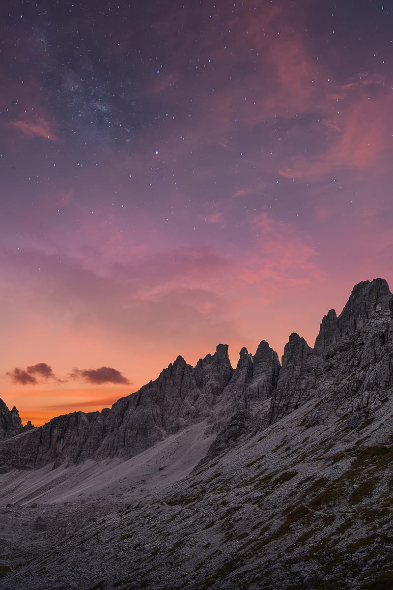 mountains, mountain range, landscape, twilight, sky, clouds, stars, HD phone wallpaper